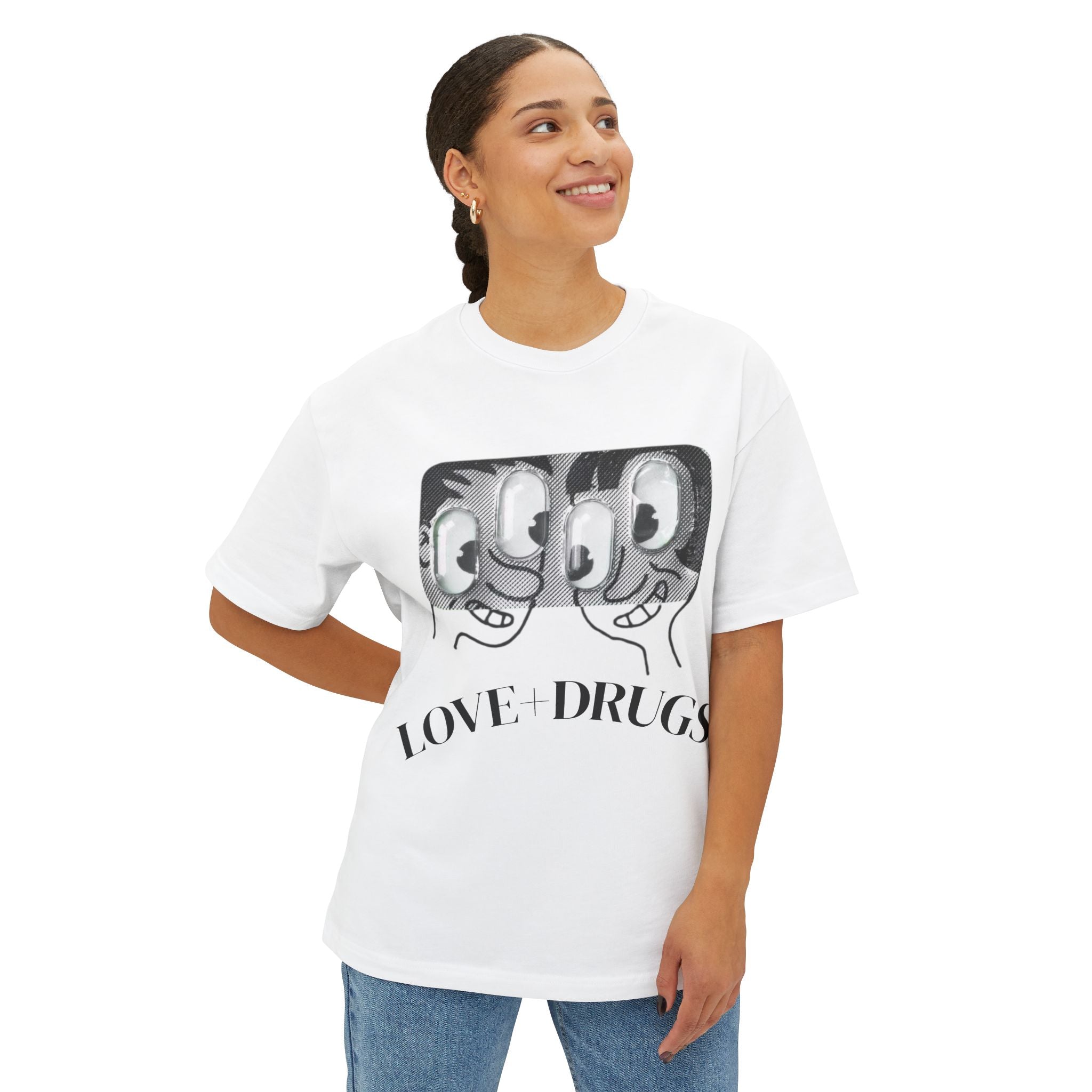 “LOVE+DRUGS.” Oversized Boxy Tee