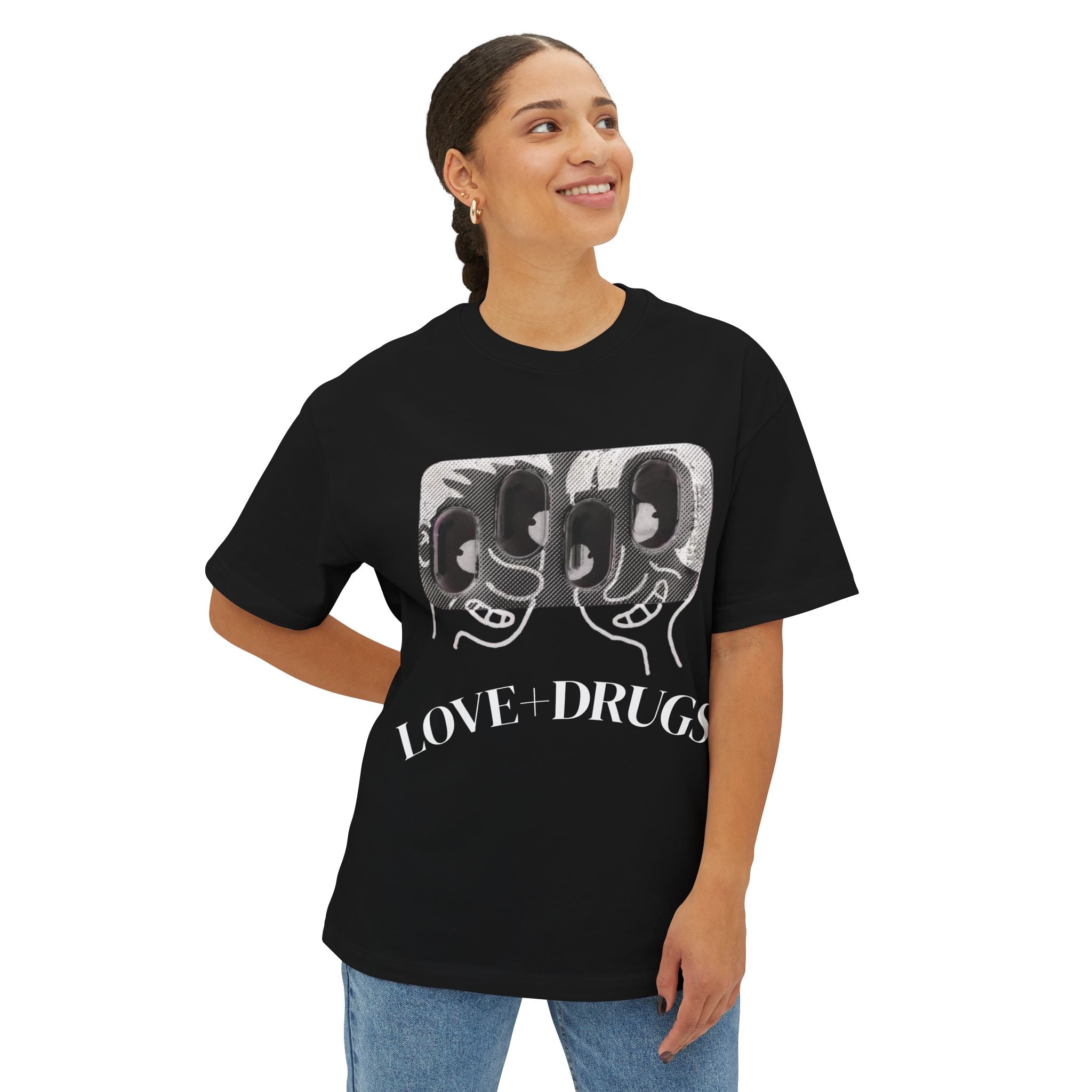 “LOVE+DRUGS.” Oversized Boxy Tee
